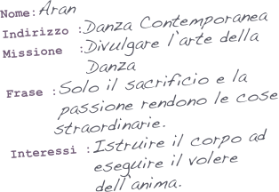 Nome:Aran
Indirizzo :Danza Contemporanea 
Missione  :Divulgare l’arte della   
           Danza
Frase :Solo il sacrificio e la 
       passione rendono le cose 
      straordinarie.
Interessi :Istruire il corpo ad 
           eseguire il volere 
           dell’anima.