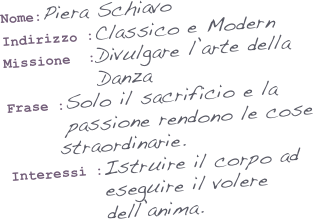 Nome:Piera Schiavo
Indirizzo :Classico e Modern 
Missione  :Divulgare l’arte della   
           Danza
Frase :Solo il sacrificio e la 
       passione rendono le cose 
      straordinarie.
Interessi :Istruire il corpo ad 
           eseguire il volere 
           dell’anima.